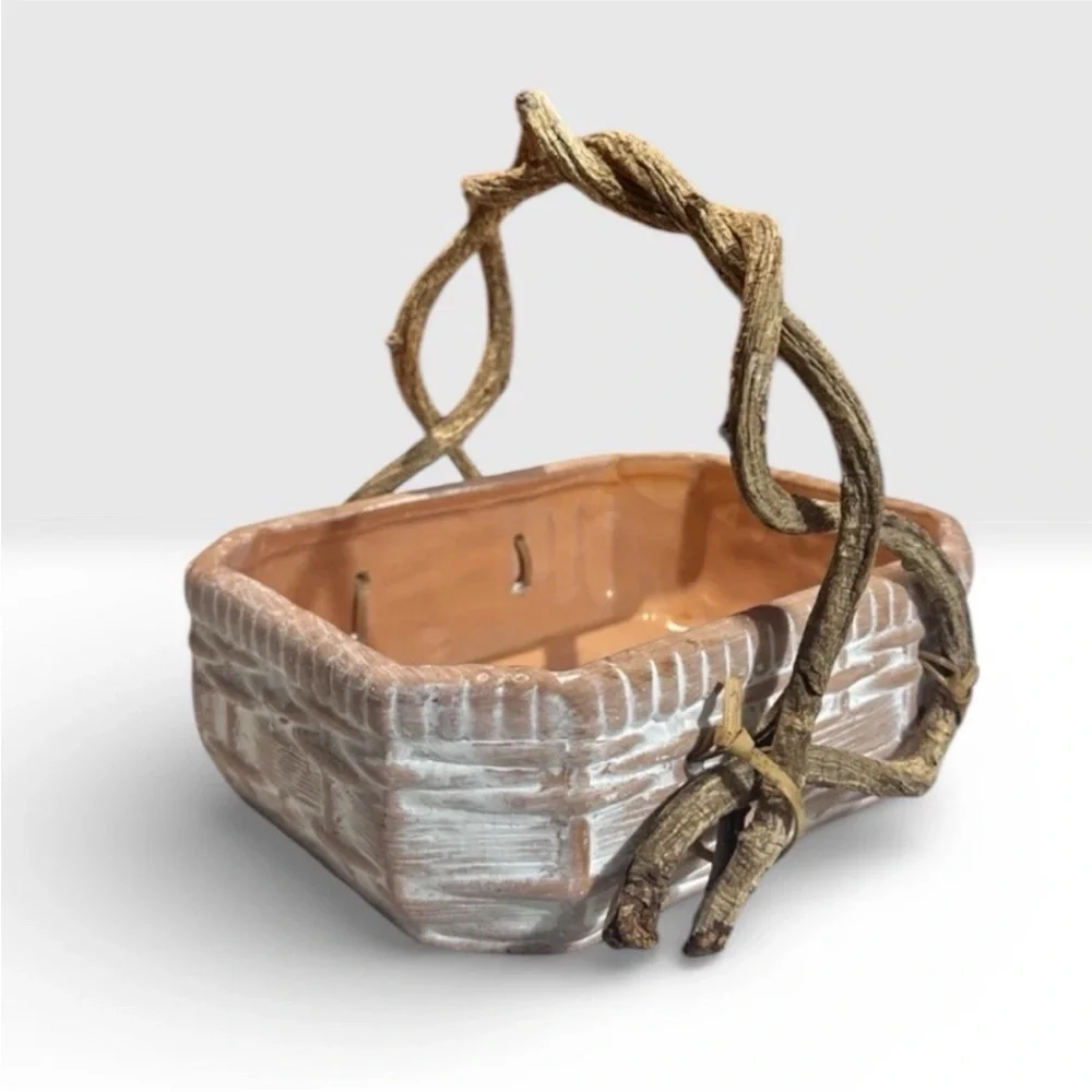 White Wash Basket Ceramic Rustic Terracotta With Real Vine Handles. 8x7x6
